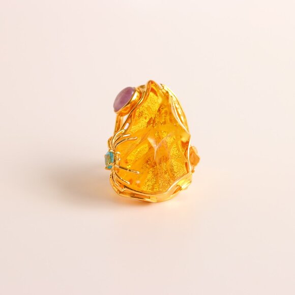Baltic Amber 14k Gold Plated Spider Cocktail Ring - Picture 2 of 9